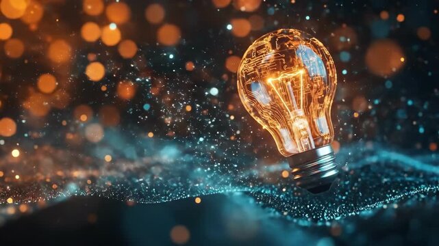 Glowing light bulb on sparkling surface with futuristic circuit pattern