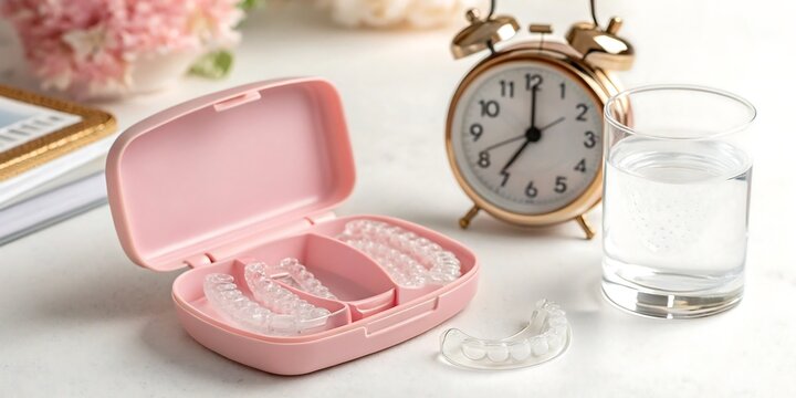 A pink dental aligner case with clear retainers and a glass of water