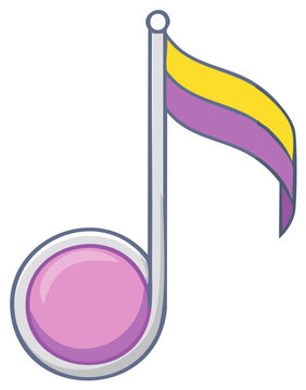 Stylized musical note with a flag resembling the nonbinary pride flag colors purple and yellow
