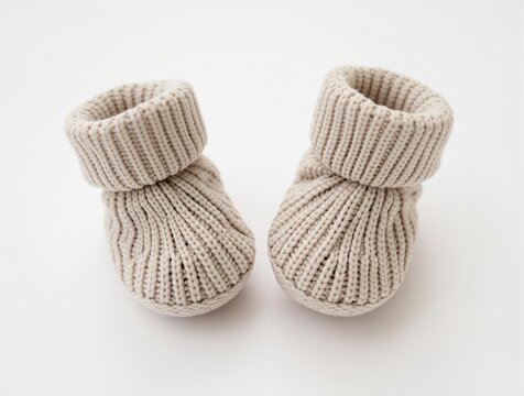 Cozy knitted baby booties in soft neutral beige, featuring ribbed cuffs and a textured knit, presented against a clean white background, evoking warmth and comfort.