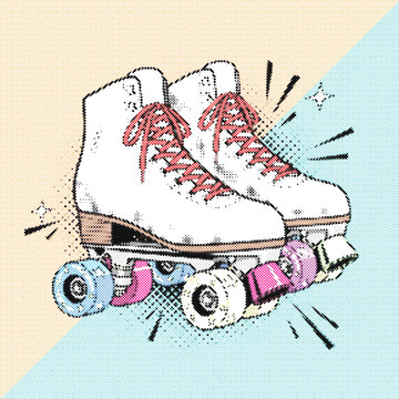 Roler skates halftone comic style vector sticker icon sport fashion fitness isolated