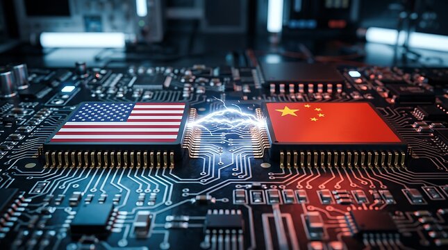 ai brain circuit connecting us and china flags on microchip with transparent background
