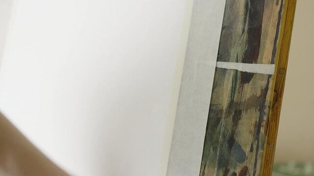 Hand applying masking tape along the edge of white watercolor paper on a paint-splattered wooden drawing board, aligning a clean border to prepare surface for a painting session