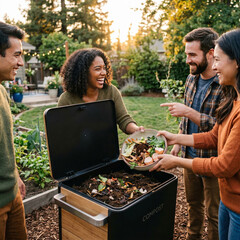 Group of Friends Composting Food Scraps in Backyard Garden
