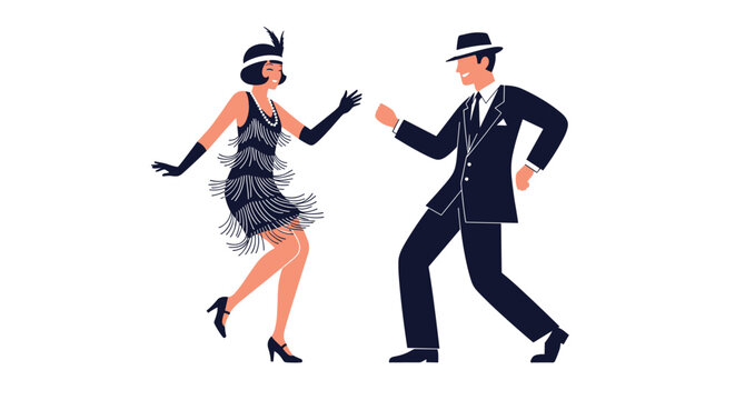 Elegant couple dressed in vintage nineteen twenties style attire dancing and having a great time at a retro party.