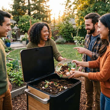 Group of Friends Composting Food Scraps in Backyard Garden