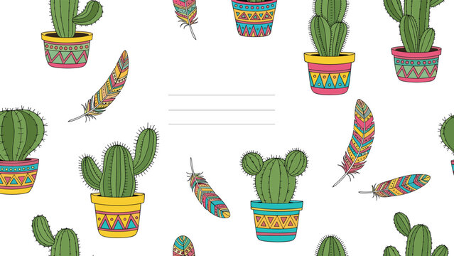 Vibrant seamless pattern featuring different types of green cacti in decorative pots with colorful patterned feathers on a white background.
