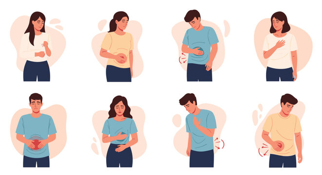 Various individuals expressing discomfort and pain in their chest or abdomen representing different health conditions.