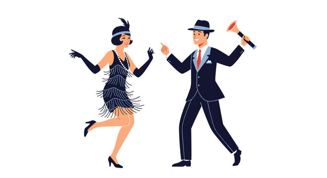 Stylish couple dancing the charleston in vintage twenties era clothing with music accessories on a white background.