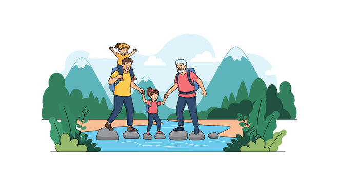 Happy family of four spanning three generations hiking together across a rocky stream in a scenic mountain landscape during summer.