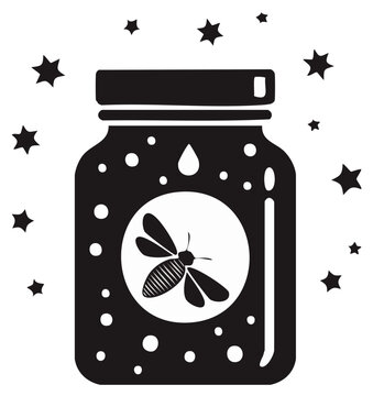 Firefly in a Jar with Stars, Black and White Vector Illustration for Summer Nights and Magical Fairy Tales