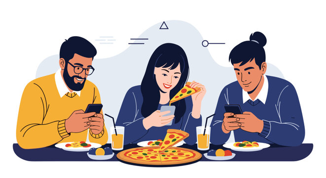 Three young friends ignore each other and focus on their smartphones while sharing pizza and drinks at a dinner table.