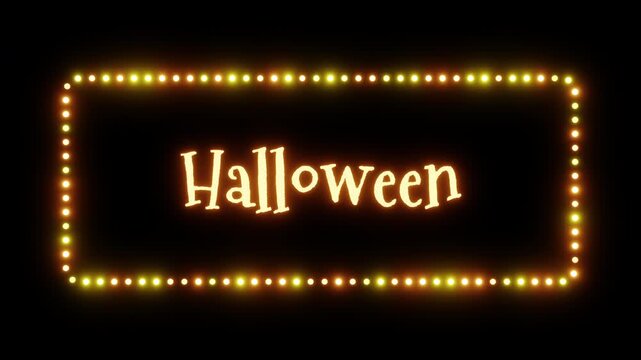 Glowing Halloween sign in a flashing frame, 3D render. Halloween background, dotted neon frame. Spooky screensaver for pagan holiday named like Allhalloween