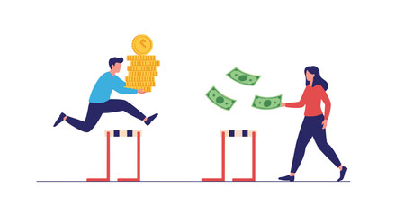 Fototapeta premium Conceptual scene showing a man jumping hurdles with a stack of coins while a woman walks and carries paper money.