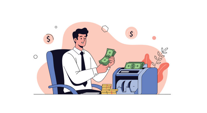 Successful businessman sitting at his office desk while counting a large stack of cash with an automatic money machine.