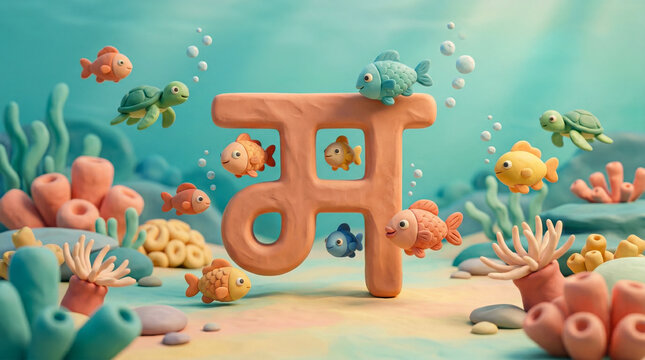 Creative underwater scene with Hindi letter surrounded by fish and corals, vibrant marine environment designed for imaginative children&rsquo;s learning visuals.