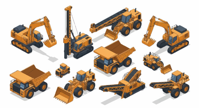 Collection of Isometric Construction Vehicles and Equipment.