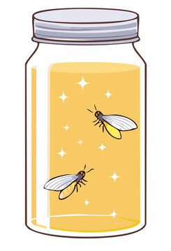 Cartoon Illustration of Fireflies in a Glass Jar with Shimmering Lights