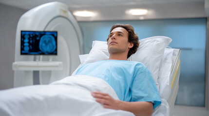 Obraz premium Patient lies on bed in medical facility during scan procedure