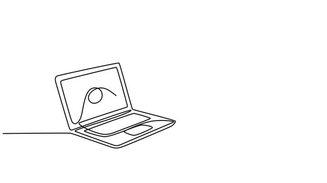 Animated self drawing of continuous line draw of  Laptop and paper plane, e mail list building. Full length one line animation. 4K, Self drawing line animation laptop computer with paper plane as pro.