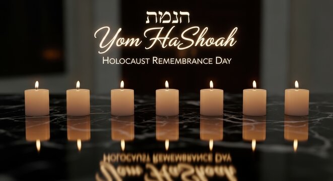 A solemn commemorative graphic for yom hashoah featuring seven lit candles on a dark background