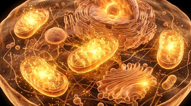 Detailed cellular anatomy featuring glowing mitochondria organelles