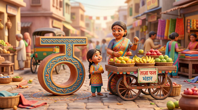 Vibrant Indian street market with child and vendor beside Hindi letter. Rich cultural setting, storytelling style, ideal for Hindi learning and educational visuals.