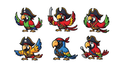 Fototapeta premium Cartoon parrot pirate characters set illustration