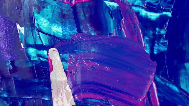 Vibrant abstract acrylic impasto with electric blue, cyan, and magenta strokes, layered textures, and luminous gradients on a dynamic canvas of bold ridges and smooth swaths