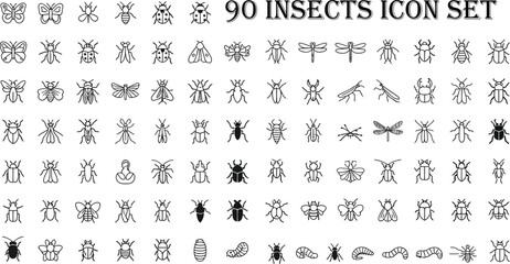 Ninety insects icon set featuring diverse bugs beetles flies and moths for biology design. © Nusrath