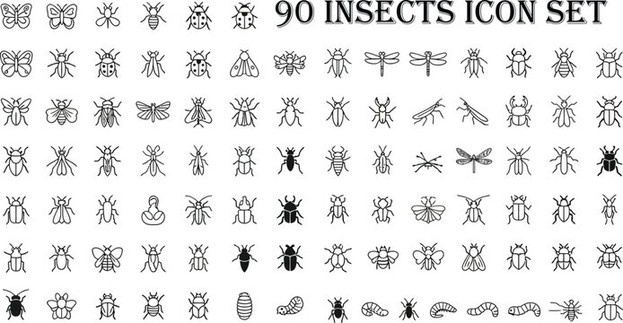 Ninety insects icon set featuring diverse bugs beetles flies and moths for biology design.