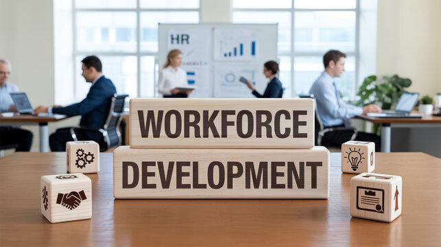 Professional workforce development blocks on desk with human resources team in background.