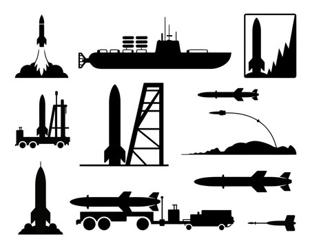 Collection of black silhouettes of various military missiles and rocket launchers on white background