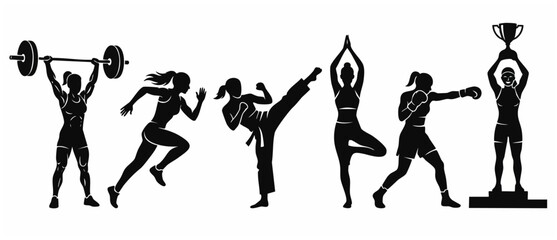 Sporty Woman Fitness Silhouettes Set, Lifting Weights Running Karate Yoga Boxing and Winning Trophy, Athlete Female Training Icons, Concept of Active Lifestyle and Healthy Success on Isolated Backgrou © Fernando