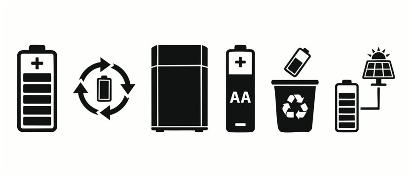 Battery Recycling and Solar Energy Icons Set for Sustainable Power Management and Eco-Friendly Technology Concept, Featuring AA Batteries, Charge Levels, Waste Disposal, and Renewable Energy Systems
