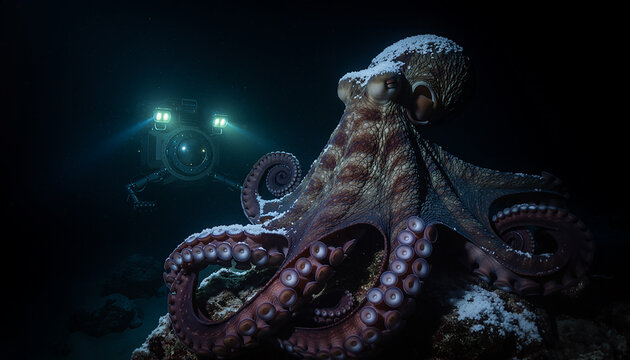 Giant Octopus underwater encounter with deep-sea submersible at night