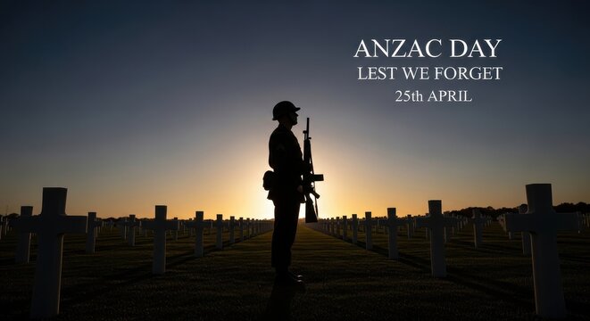 A solemn silhouette of a soldier standing at a war cemetery to commemorate anzac day in australia
