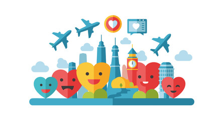 Fototapeta premium Cartoon city skyline with cheerful heart characters.