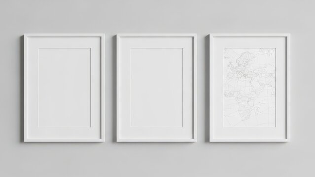 Three framed artworks on wall