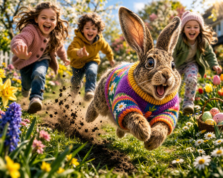 Kinder rennen dem Osterhasen hinterher