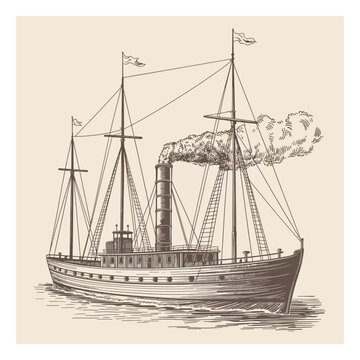 Vintage Steam Ship Vector Illustration