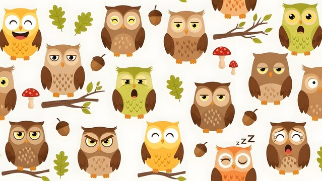 Whimsical Owl Collection Adorable Owl Illustrations with Expressive Faces and Autumnal Accents