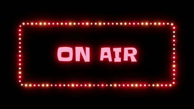Glowing on air sign in a flashing frame, 3D render. On air background, dotted neon frame. Broadcast TV Studio, Radio Station. On Air Radio Sign in a Radio Station, podcast