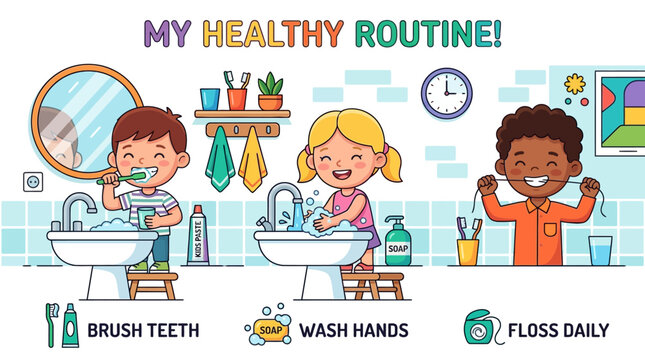 Healthy daily routine for kids illustration.