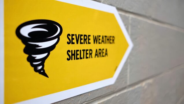 A clear yellow directional sign indicates the way to a severe weather shelter area featuring a tornado icon to provide life-saving guidance during dangerous environmental conditions.