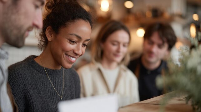 Group of four people, two men and two women, sitting at a table in a restaurant or cafe. they are all looking at a menu or menu card in front of them.