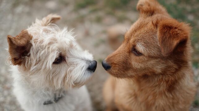 Two small dogs, one white and one brown, facing each other. the white dog is on the left side of the image and is looking towards the right side.