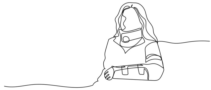 Continuous one line drawing of a woman wearing a neck and arm brace. One line drawing. Editable stroke.
