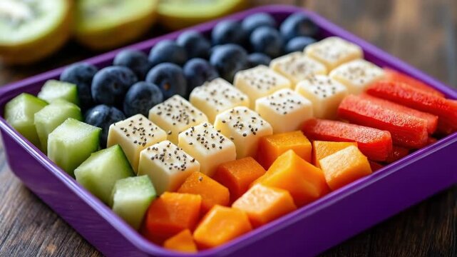 Colorful healthy snack tray with mixed fruits and cheese cubes