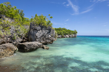 Naklejka premium tropical sea shore with clear turquoise waters limestone cliffs and lush green vegetation, Salagdoong Beach, Siquijor, the Philippines
